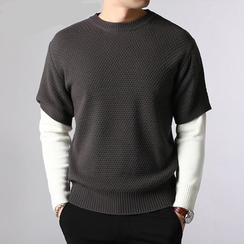 Sweter Męski Wiosna Jesień Ciepłe Męskie Patchworkowe Swetry Casual O-neck Pull Homme Z Długim Rękawem - Kawa