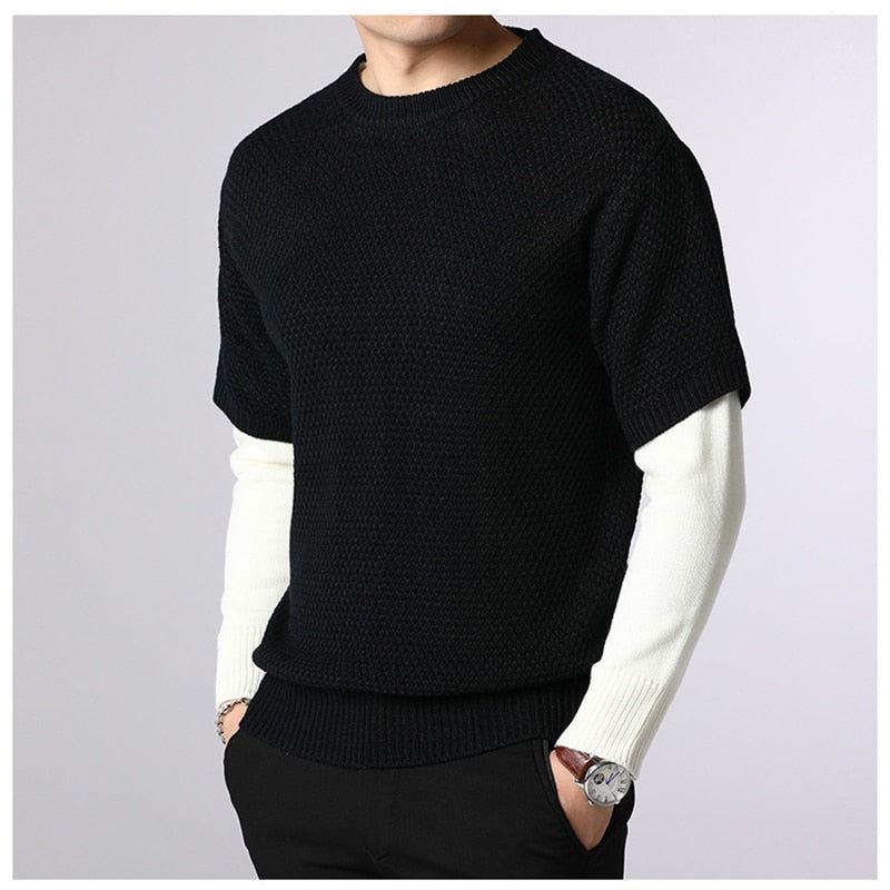 Sweter Męski Wiosna Jesień Ciepłe Męskie Patchworkowe Swetry Casual O-neck Pull Homme Z Długim Rękawem - Kawa