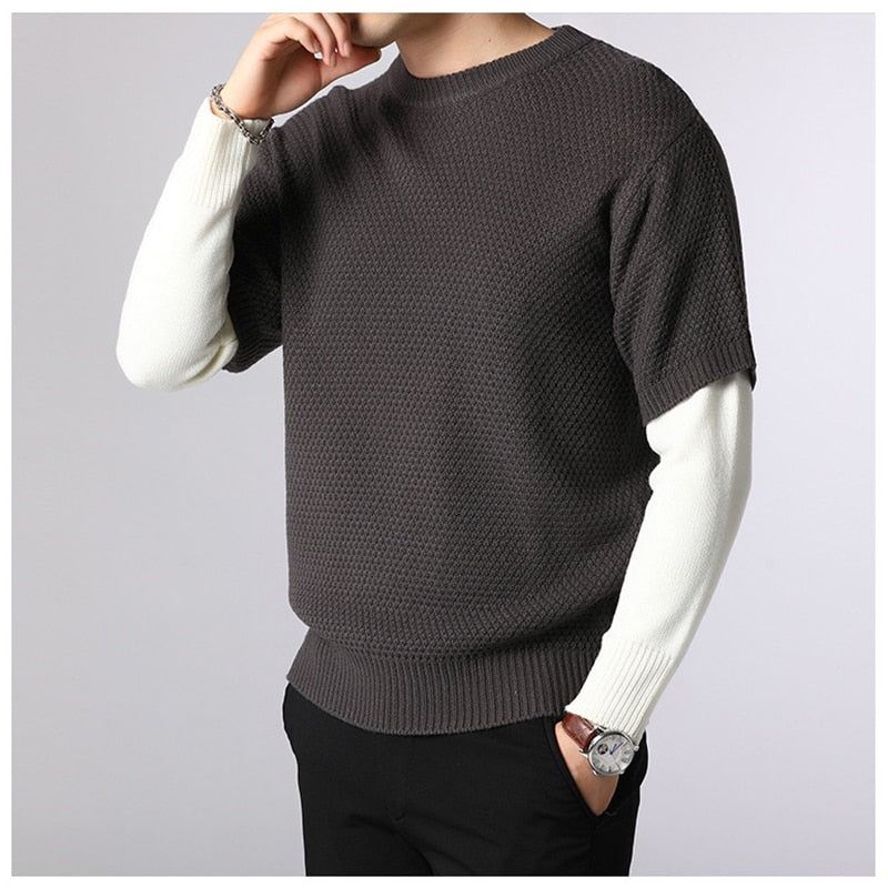 Sweter Męski Wiosna Jesień Ciepłe Męskie Patchworkowe Swetry Casual O-neck Pull Homme Z Długim Rękawem - Kawa