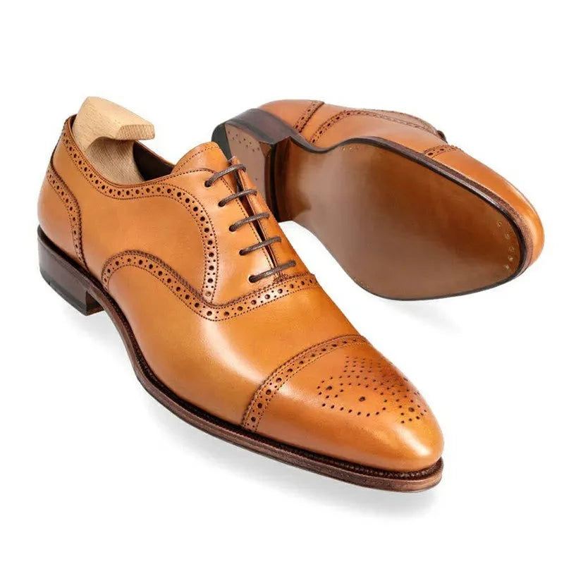 Męskie Buty Biznesowe Oxford Brogue Solidny Projektant Biurowy Ręcznie Robione Oryginalne Skórzane - Camelowy