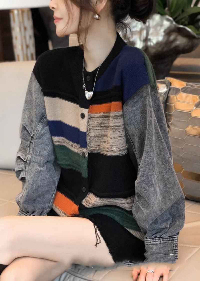 Colorblock Denim Patchwork Sweter Z Dzianiny Płaszcz Damski Jesień I Zima 2024