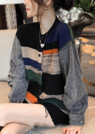 Colorblock Denim Patchwork Sweter Z Dzianiny Płaszcz Damski Jesień I Zima 2024