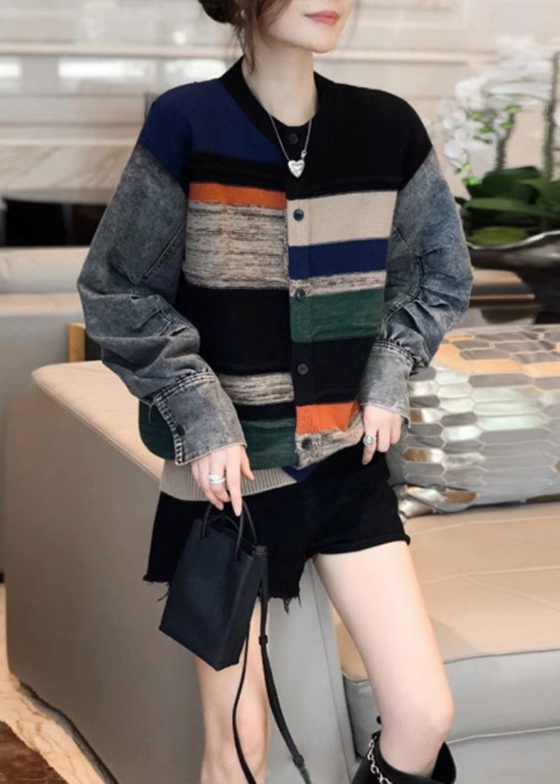 Colorblock Denim Patchwork Sweter Z Dzianiny Płaszcz Damski Jesień I Zima 2024 - Płaszcze zimowe damskie