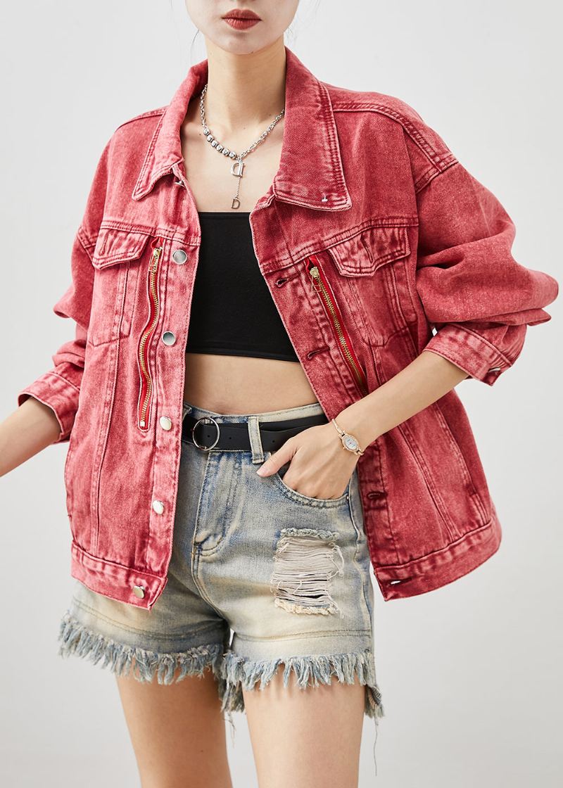 Jesienne Oversize'owe Kurtki Jeansowe Art Brick Red Zapinane Na Zamek