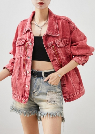 Jesienne Oversize'owe Kurtki Jeansowe Art Brick Red Zapinane Na Zamek