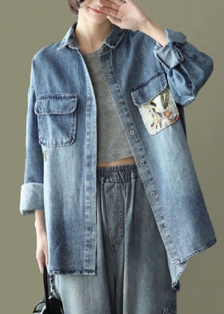 Niebieskie Kieszenie Z Nadrukiem Patchwork Denim Płaszcze Z Kołnierzykiem Piotruś Pan Wiosna