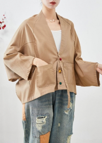 Plus Size Khaki Lniane Kurtki Z Dużymi Kieszeniami I Rękawem W Kształcie Skrzydła Nietoperza