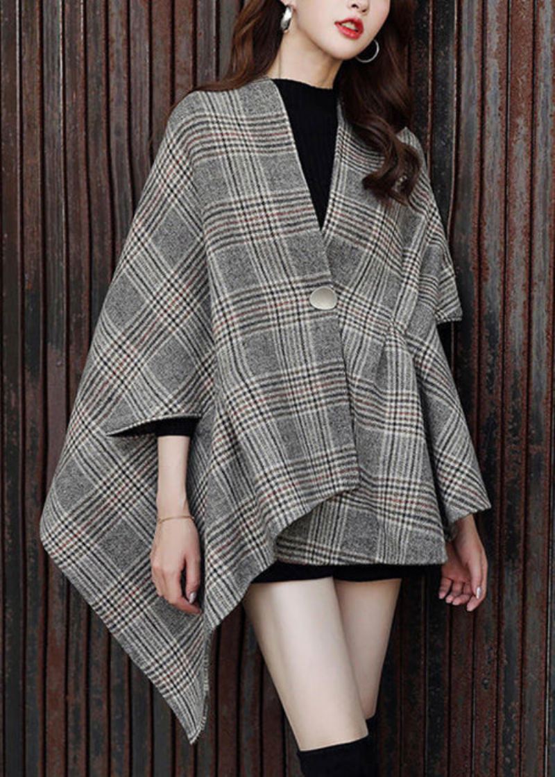 Plus Size Plaid Asymetryczne Guziki Patchwork Bawełniane Płaszcze Jesień - Płaszcze zimowe damskie