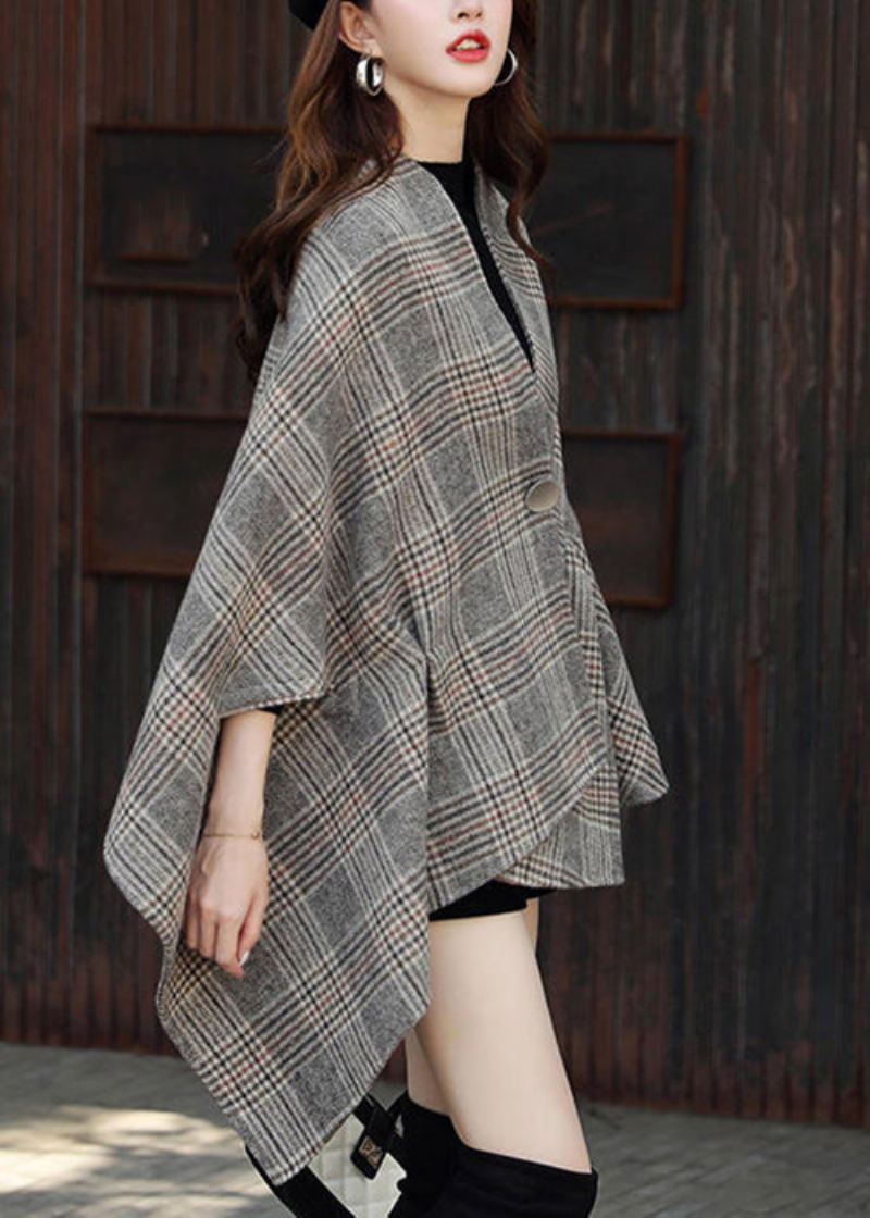 Plus Size Plaid Asymetryczne Guziki Patchwork Bawełniane Płaszcze Jesień - Płaszcze zimowe damskie